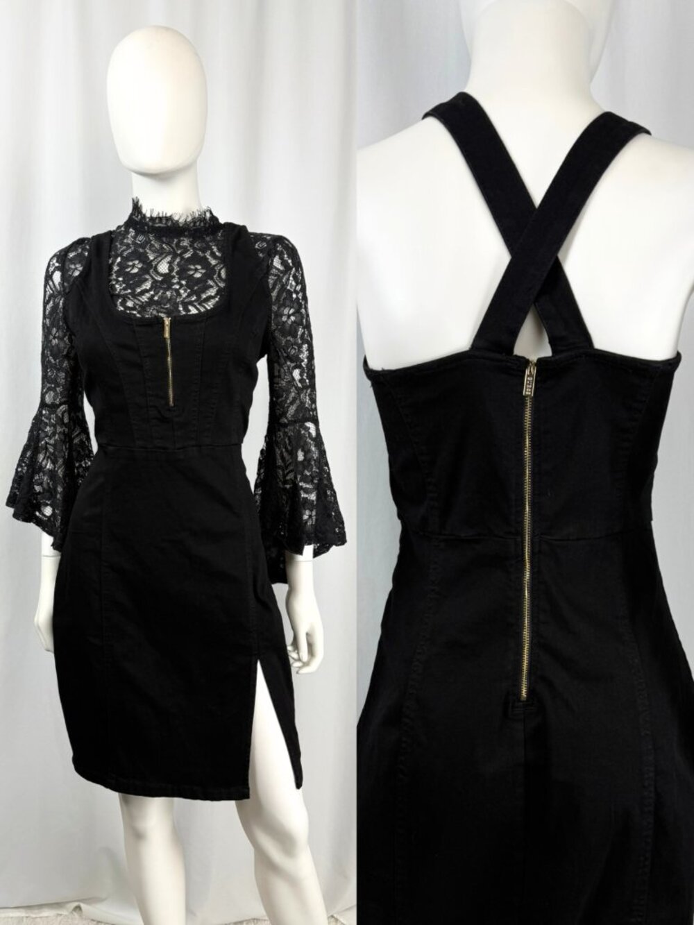Guess Eco Fleur Black Cotton Denim Corset Zippers Mini Dress L